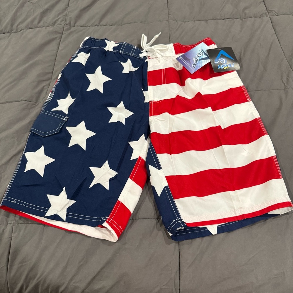 NWT Kanu Surf Men's Swim Trunks - Blue and Red Stars and Stripes